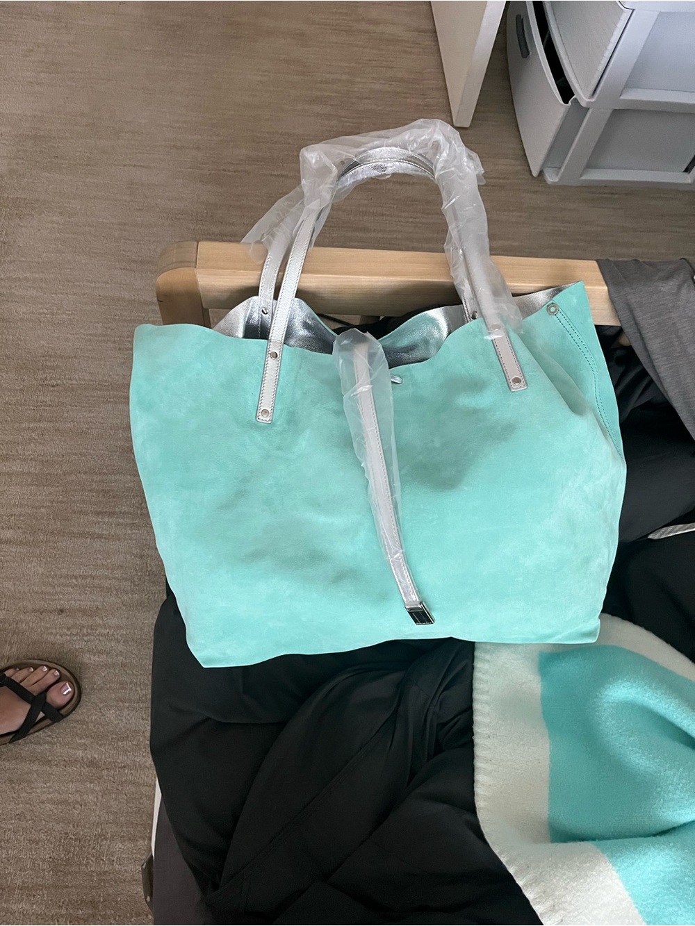 NWT Tiffany & Co. Reversible Mint Suede Tote with Silver Handles